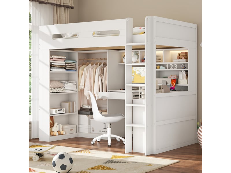 Lit mezzanine 90x200 cm avec bureau, penderie ouverte, tiroir, étagères, led et usb, pin et mdf, blanc OMNIGLINT TRADING LTD - Conforama B