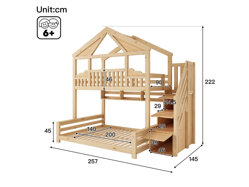  Lit superposé enfant 90×200 + 140×200 cm style maison, lit mezzanine en bois avec escalier de rangement, étagères et sommier - bois naturel  - Conforama C