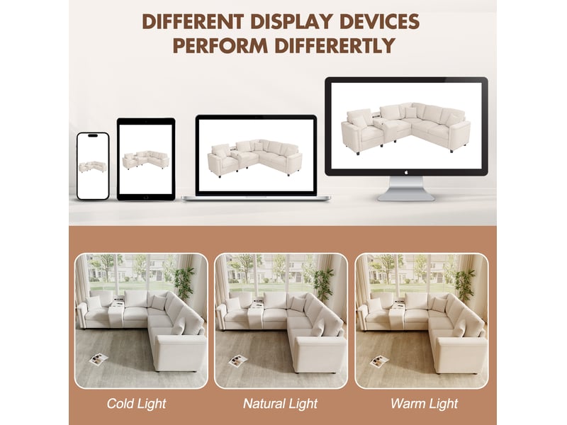  Canapé d'angle tcqpz 5 places 235 x 208 x 83 cm avec rangement, porte-gobelets, usb type-c et liseuse en chenille beige  - Conforama D