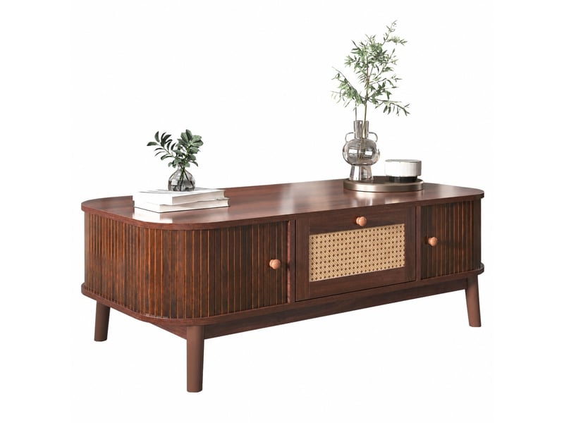  Table basse effet noyer avec portes coulissantes en rotin et tiroir, 110 x 55 x 38,5 cm  - Conforama A