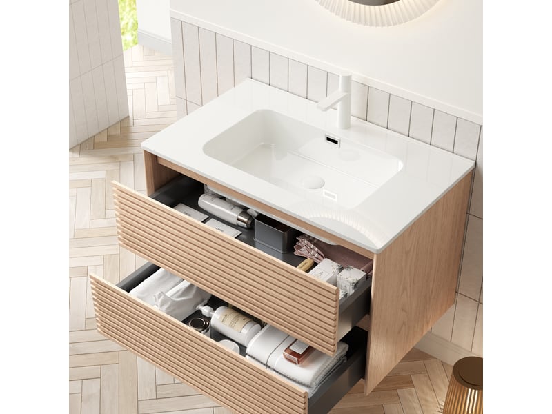  Meuble vasque suspendu à 2 tiroirs à fermeture douce - lpospi - plan vasque en céramique, blanc naturel, 81 cm  - Conforama B