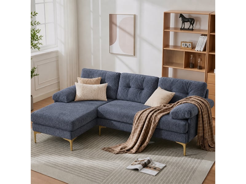  Canapé d’angle réversible 3 places méridienne interchangeable  - accoudoirs rembourrés chenille bleu  - Conforama C