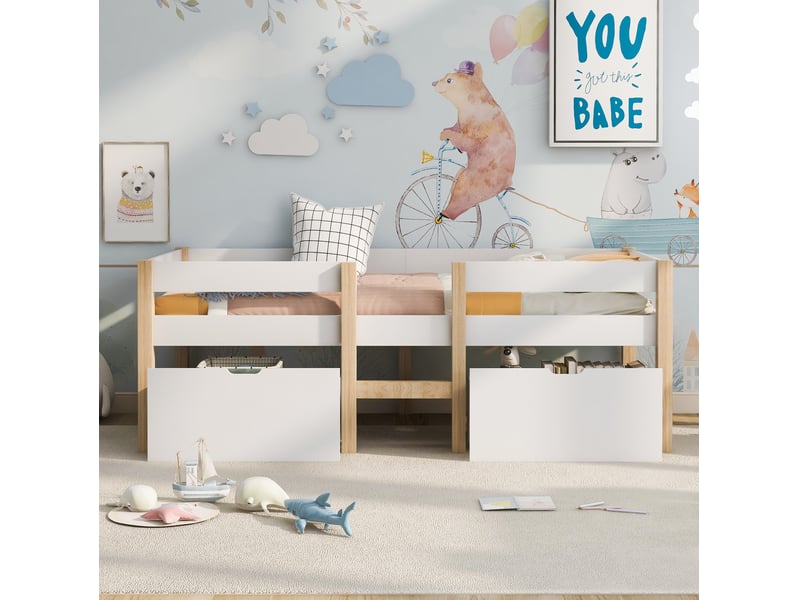  Lit enfant surélevé 90x190 cm avec tiroirs, barrière anti-chute, blanc et chêne clair  - Conforama D