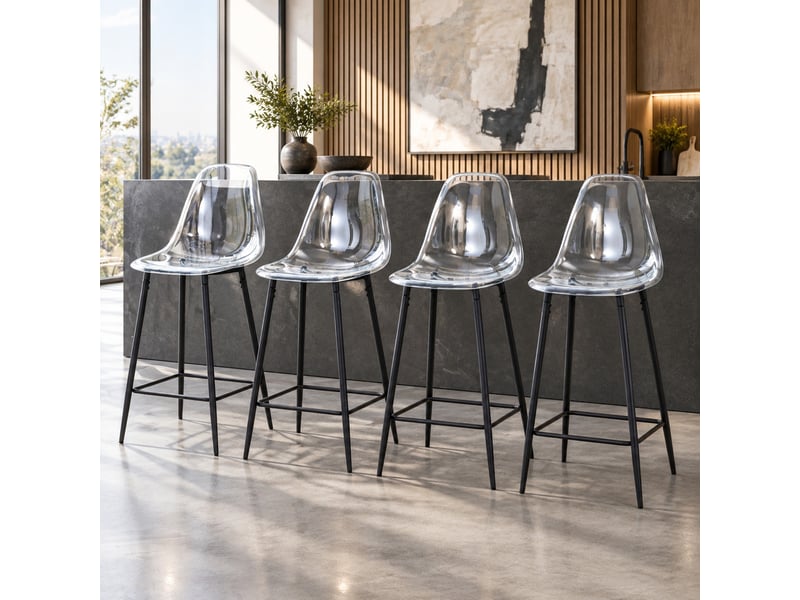 Lot de 4 tabourets de bar avec repose-pieds - lpospi - assise transparente, pieds en métal, plastique - noir  - Conforama B