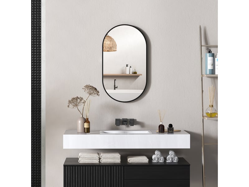  Miroir de salle de bain ovale mural avec cadre en aluminium, vertical ou horizontal, 40 x 70 cm, noir  - Conforama D