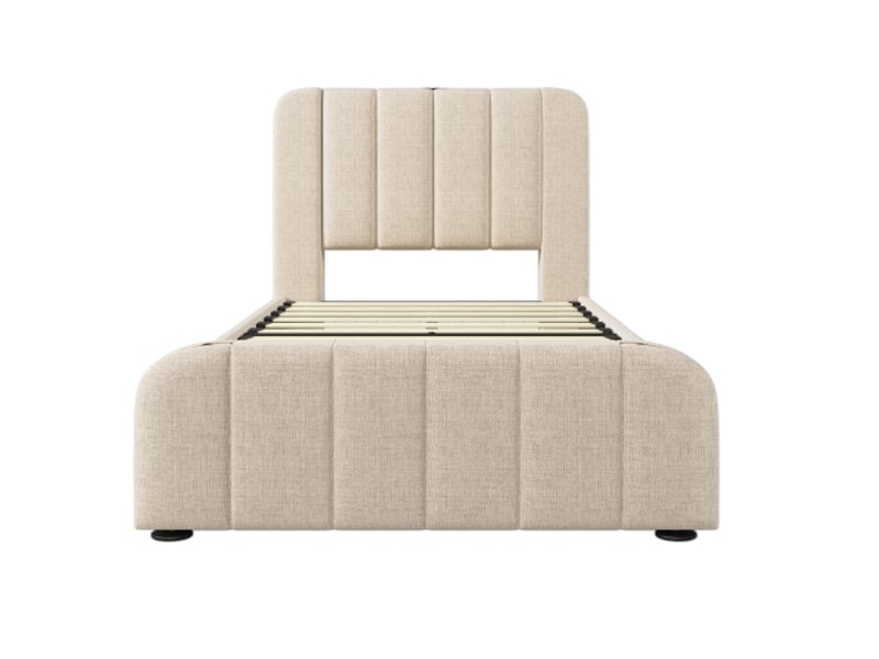  Lit simple capitonné 90x200 cm, tête de lit dorée, usb-c, lin beige, 4 tiroirs, sans matelas  - Conforama E