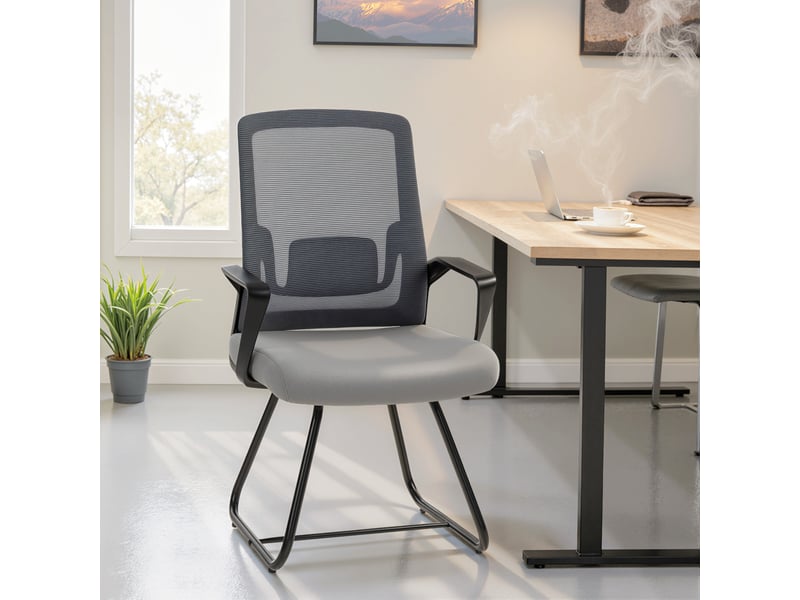  Chaise de bureau en tissu mesh transparent sans roulettes pour salle d'attente et salle de conférence, gris foncé  - Conforama D