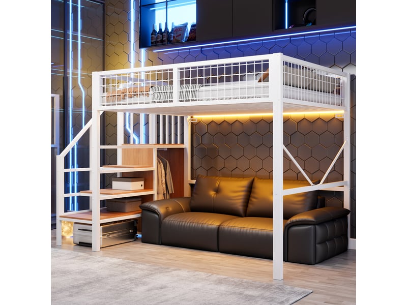  Lit mezzanine 140x200 cm en métal avec échelle de rangement, éclairage led, garde-corps sécurisé et espace bureau ou canapé sous le lit - blanc  - Conforama B
