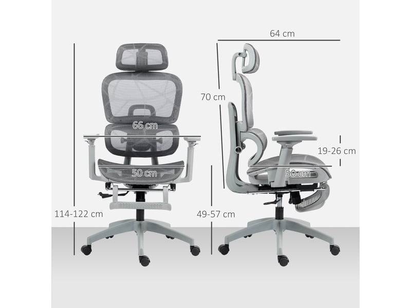  Chaise de bureau ergonomique avec revêtement en tissu mesh, réglable, mobile, avec accoudoirs et appui-tête, grise  - Conforama E