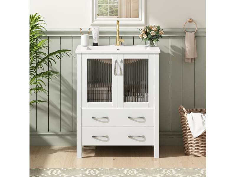 Meuble sous lavabo 61x47x86 cm blanc brillant avec vasque en céramique - Conforama B