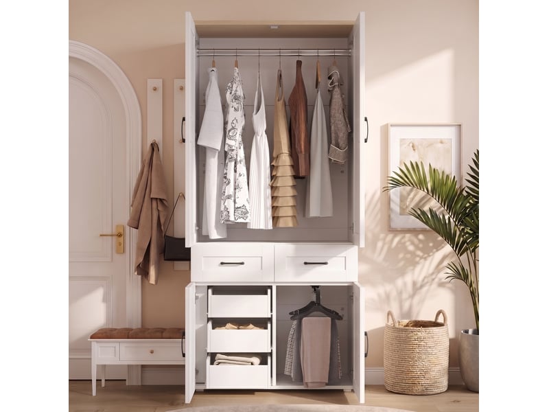  Armoire 90x50x200 cm 4 portes, 5 tiroirs et 2 penderies coloris blanc  - Conforama E
