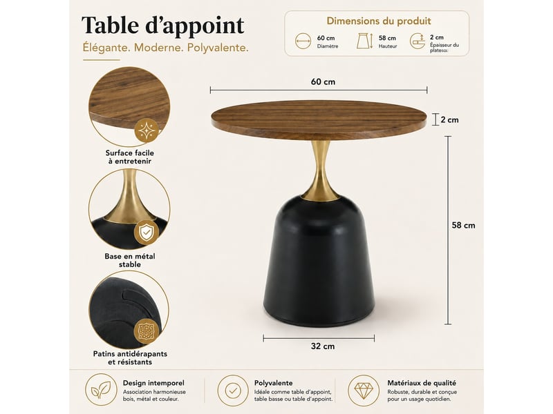  Table d’appoint ronde 60x60x58 cm en mélaminé noyer et noir  - Conforama C