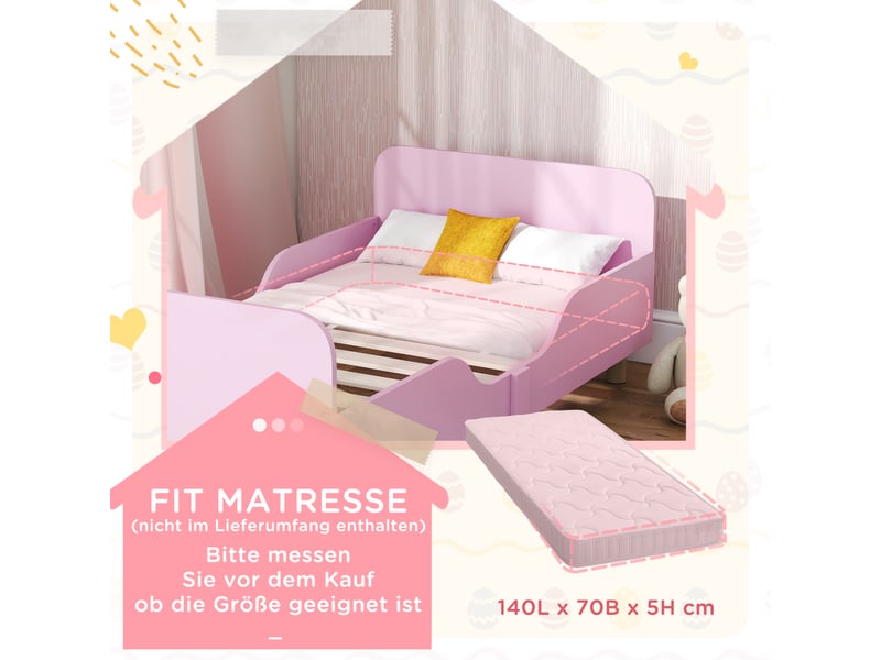  Cadre de lit enfant avec barrière de sécurité mdf et pin rose 143,5 x 74,2 x 50 cm  - Conforama D