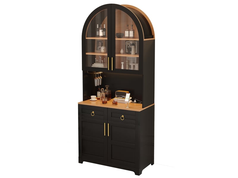 Buffet haut 80x40x180 cm avec led et prises usb,4 portes et 2 tiroirs, noir - Conforama A