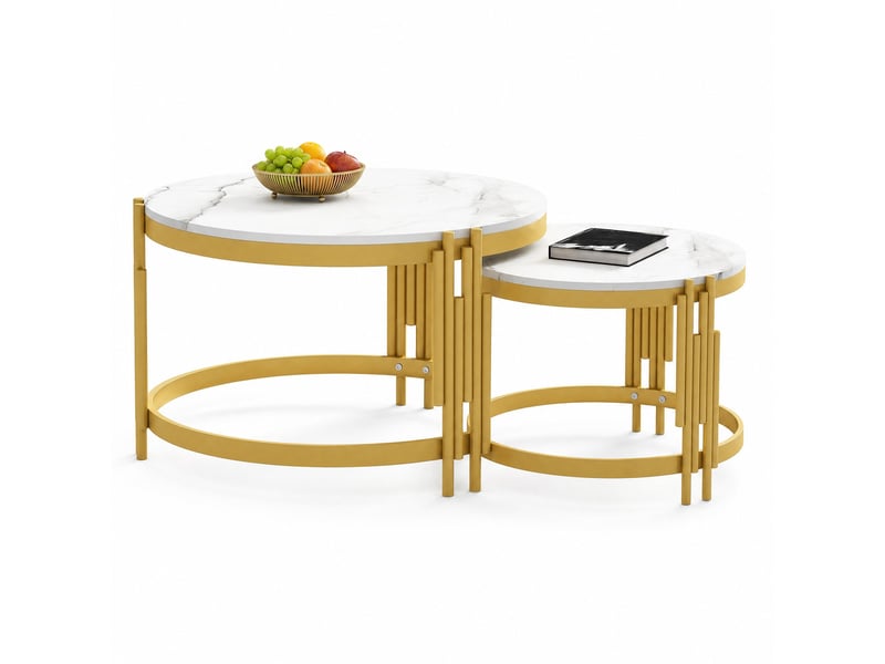 Tables basses gigognes rondes en mdf effet marbre, métal doré, salon, 71,5×71,5×44 et 51,5×51,5×37 cm blanches - Conforama A