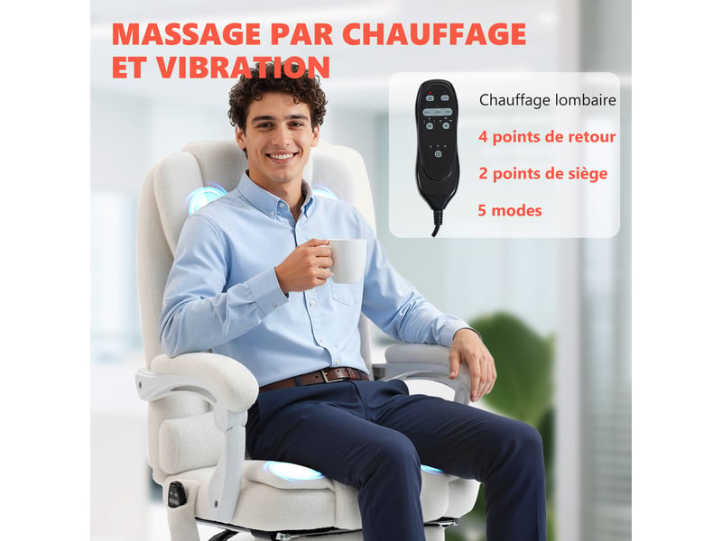  Fauteuil de bureau direction massant chauffant hauteur réglable dossier inclinable toile de lin blanc  - Conforama E