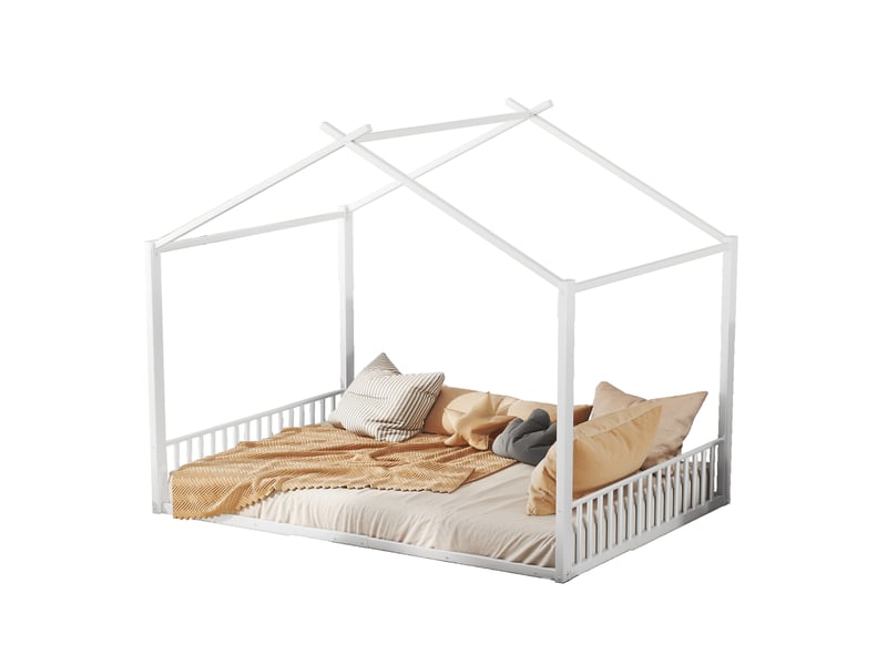  Lit cabane enfant 140 x 200 cm, lit a cadre en fer et d'un matériau mdf, lit double avec barre de maison, sans matelas, blanc  - Conforama B