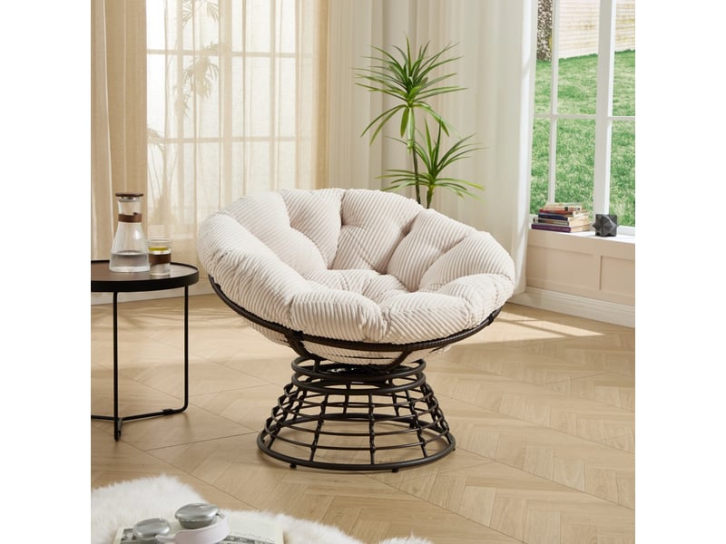  Fauteuil papasan pivotant à 360° en résine tressée - 92x92x67cm - coussin épais velours côtelé confortable - marron et blanc  - Conforama C