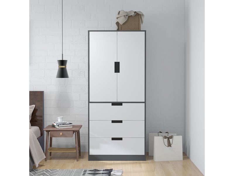  Armoire chambre penderie avec 2 portes à fermeture douce, 80x50x180cm, 3 tiroirs et barre de suspension, gris et blanc  - Conforama W