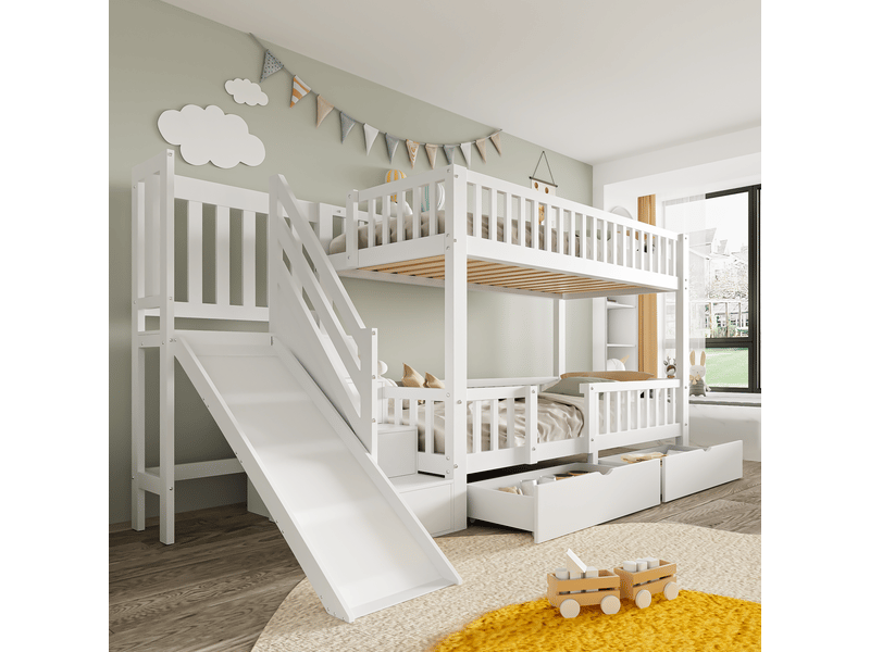  Lit superposé enfant ulevr 90x200 avec toboggan, escalier, 2 tiroirs, porte magnétique, bois et mdf, blanc  - Conforama E