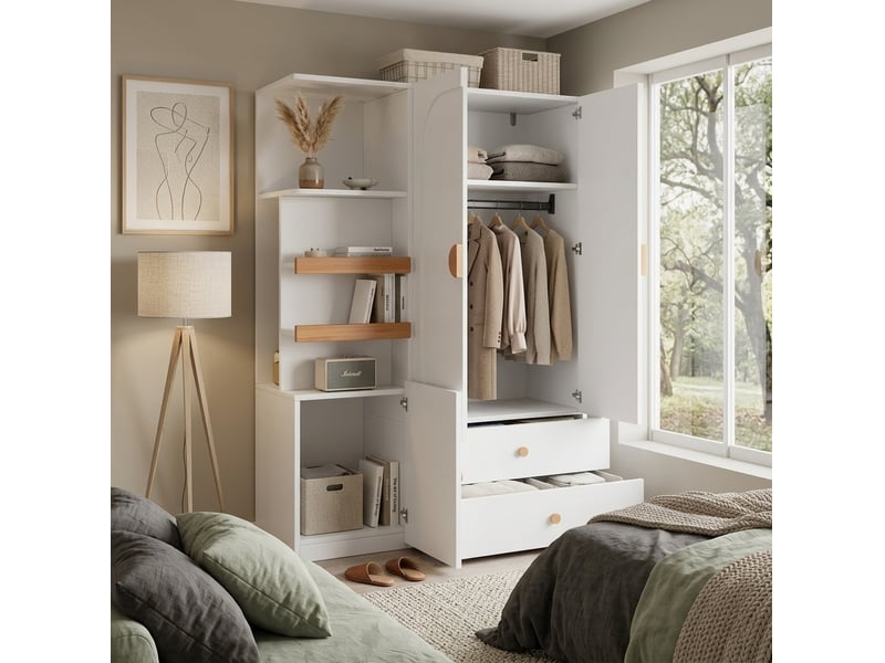 Armoire avec penderie, 2 tiroirs et étagères ouvertes pour chambre, en mdf blanc et naturel, 125 × 50 × 180 cm - Conforama C