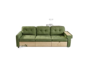 Canapé d'angle 3 places, méridienne, port usb, rangement, accoudoir plateau bois, velours vert, sans montage