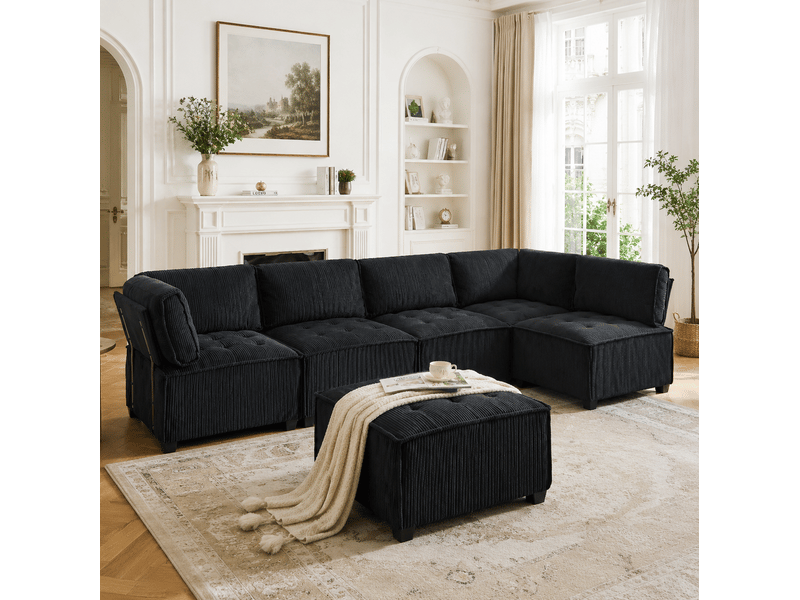 Canapé modulable tcqpz 6 places 308 x 154 x 82 cm convertible velours côtelé noir - Conforama D