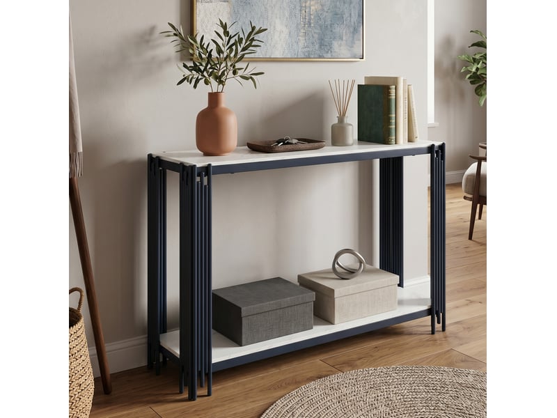  Console 123,5x33,5x80 cm à 2 niveaux effet marbre blanc et métal noir  - Conforama D