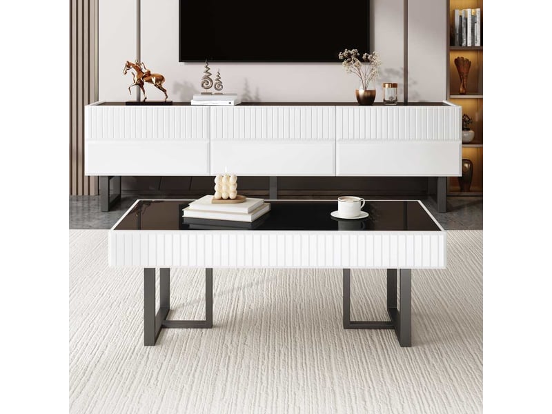 Moderne ensemble table basse et meuble tv noir blanc à rayures avec rangements pratiques et design luxueux - Conforama B