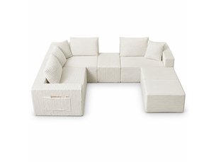 Canapé modulable 6 places en velours côtelé beige, assise souple et composition flexible