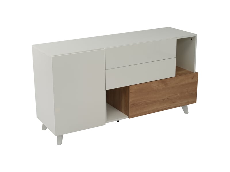  Buffet scandinave blanc brillant et bois, meuble de rangement 2 portes 2 tiroirs avec niches, 130 x 40 x 70 cm  - Conforama A