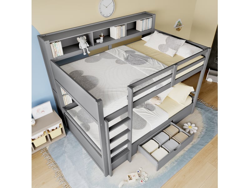  Modenvie lit superposé enfant 90x200 cm - avec tiroir et étagères latérales, sans matelas - gris  - Conforama E