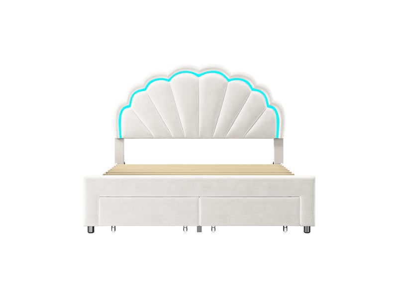  Lit simple 140x200, éclairage led et tiroir de rangement, lit enfant, tête de lit coquillage ajustable, velours, blanc  - Conforama D