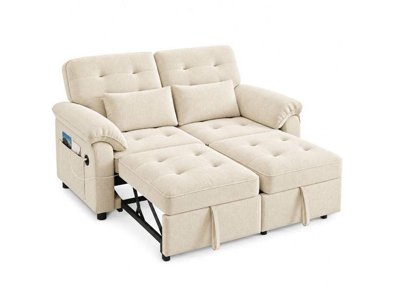  Canapé-lit convertible 3-en-1 142 x 90 x 86,5 cm, 2 places, dossier réglable, port usb, 2 coussins inclus, chenille, beige Bliss Lite - Conforama A