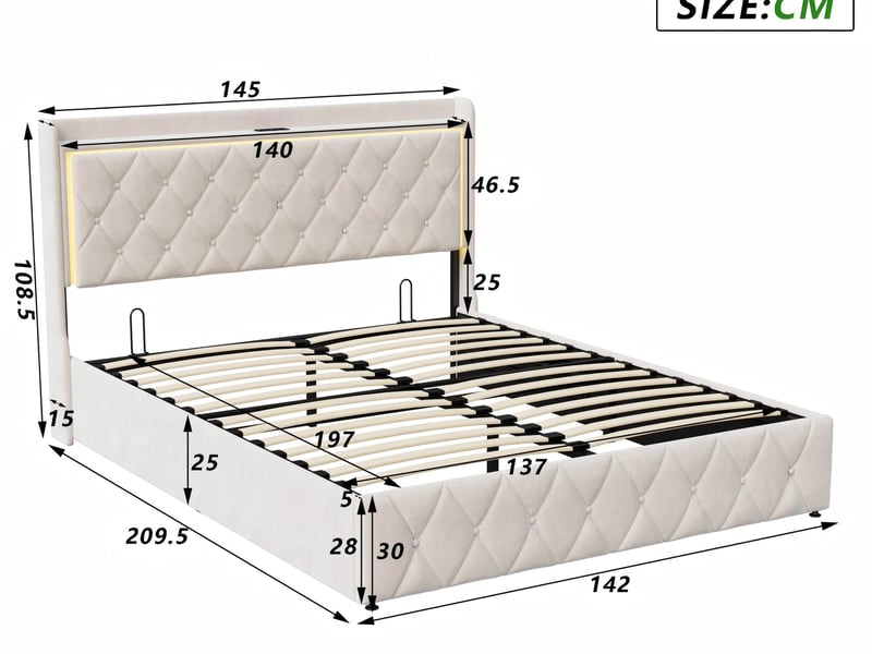  Lit coffre 140x200 cm - led intégrée et port usb - tête de lit avec rangement - velours - sommier inclus  - Conforama C