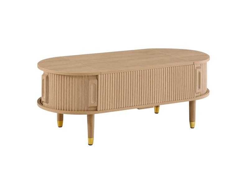  Table basse ovale avec plateau relevable hydraulique, rangement, portes coulissantes, mdf, pieds en bois d’hévéa  - Conforama D