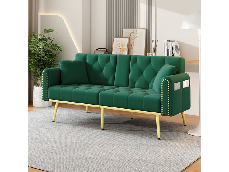  Canapé-lit convertible 175x80x73,5 cm, avec porte-verre, 3 angles d’inclinaison, finition velours vert  - Conforama B