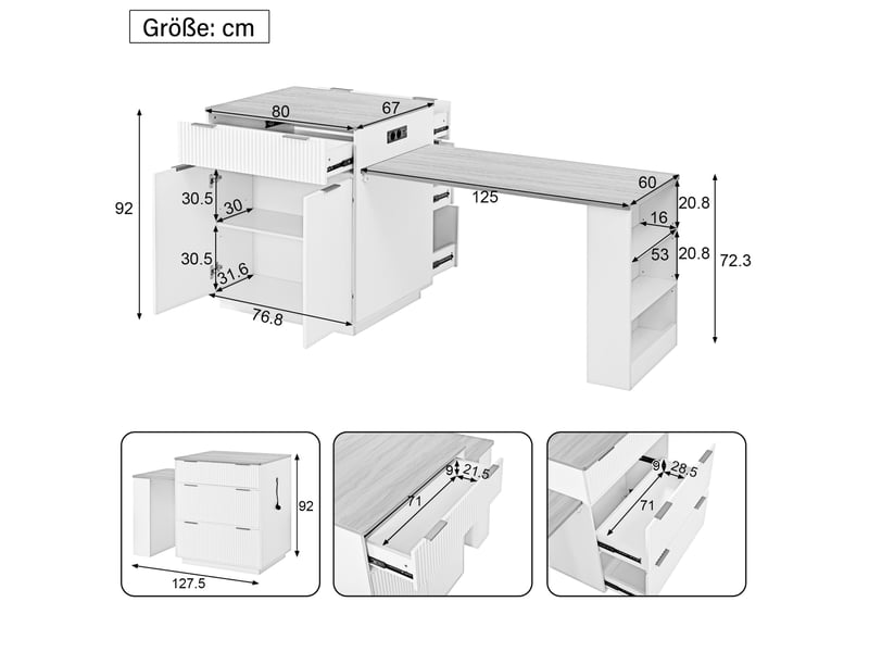  Desserte de cuisine extensible avec 4 tiroirs, étagères réglables, led et prises usb pour cuisine et salle à manger, blanche  - Conforama D