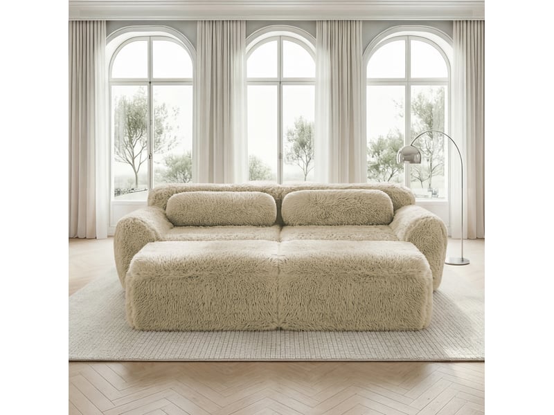  Canapé convertible modulable 2 places avec 2 poufs en tissu peluche kaki clair  - Conforama D