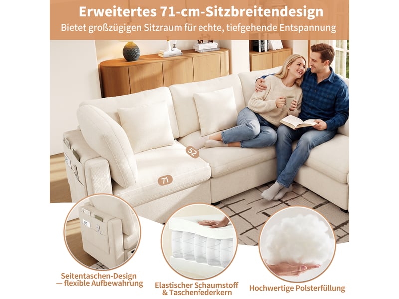 Canapé panoramique en u convertible 8-9 places avec rangement, poches latérales et 6 coussins, chenille beige - Conforama E