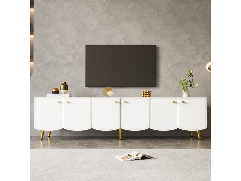  Meuble tv avec 6 portes et rangement pour salon 180×40×45 cm en panneaux de particules blanc et doré  - Conforama B