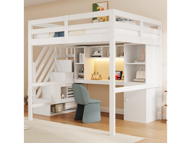 Lit mezzanine 2 places 140×200 cm avec escalier de rangement, bureau et led - okmyhome- blanc, sans matelas - Conforama C