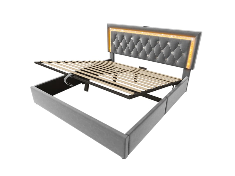  Lit coffre adulte 160x200 cm – gris – éclairage led, usb, type-c et rangement hydraulique, avec matelas  - Conforama D