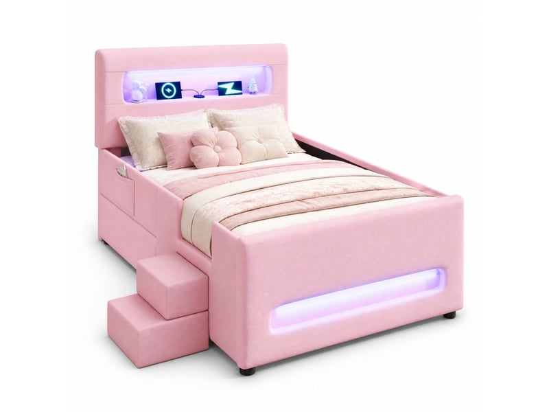  Lit enfant 90x200cm, tiroirs, escaliers, lumières avec éclairage led avec rangement, design confort, mdf, pu rose sans matelas  - Conforama A