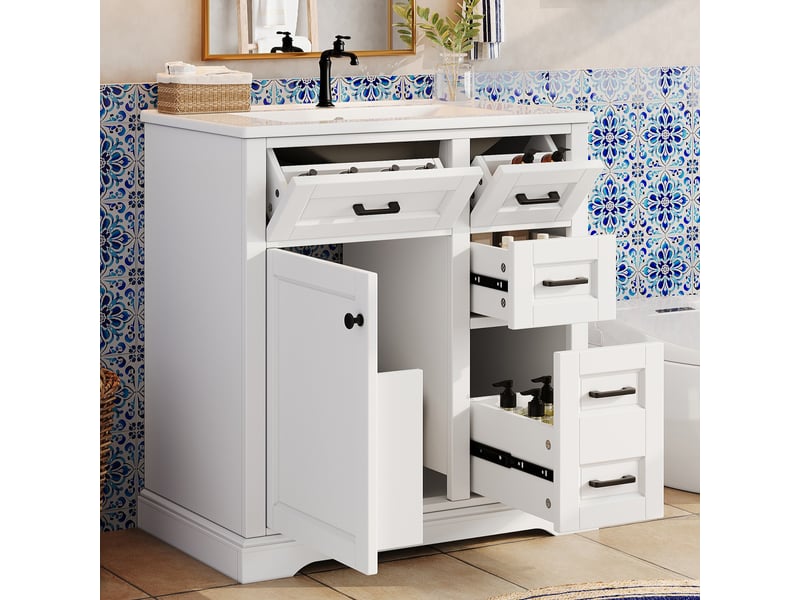  Meuble sous vasque avec 1 porte, 4 tiroirs et vasque en céramique pour salle de bain, mdf blanc, 76×47×82 cm  - Conforama B