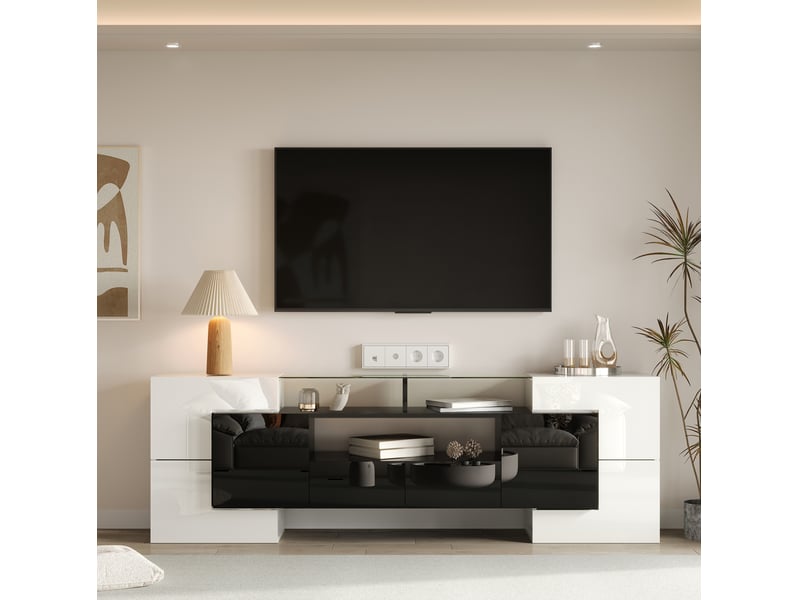  Meuble tv 200 cm blanc et noir brillant avec led, 6 portes et 2 tiroirs  - Conforama B