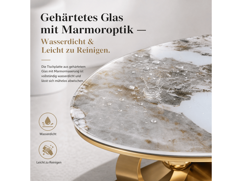  Table basse ovale, table de salon avec plateau en verre effet marbre blanc et piètement en acier inoxydable - doré et blanc  - Conforama E