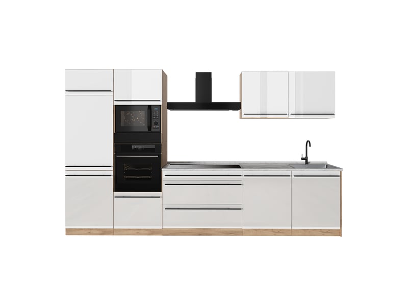  Vicco cuisine, blanc haute brillancechêne doré, 340cm plan de travail marbre  - Conforama A