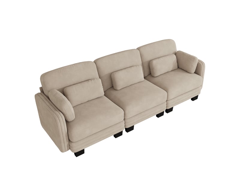 Canapé droit modulable 253 cm 3 places, accoudoirs amovibles, coussins lombaires épais à soutien renforcé, assise à ressorts ensachés, chenille, marron clair - Conforama A