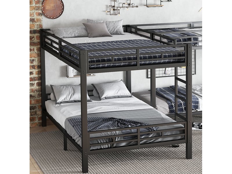 Lit superposé 140x200+90x200, multi-lits, sommier à lattes robuste, échelle 3 marches, métal, noir, sans matelas - Conforama E